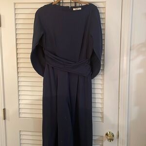 Zapelle Navy Blue Cape Sleeve Wrap Around Cotton Blend Palazzo Wide Leg Jumpsuit